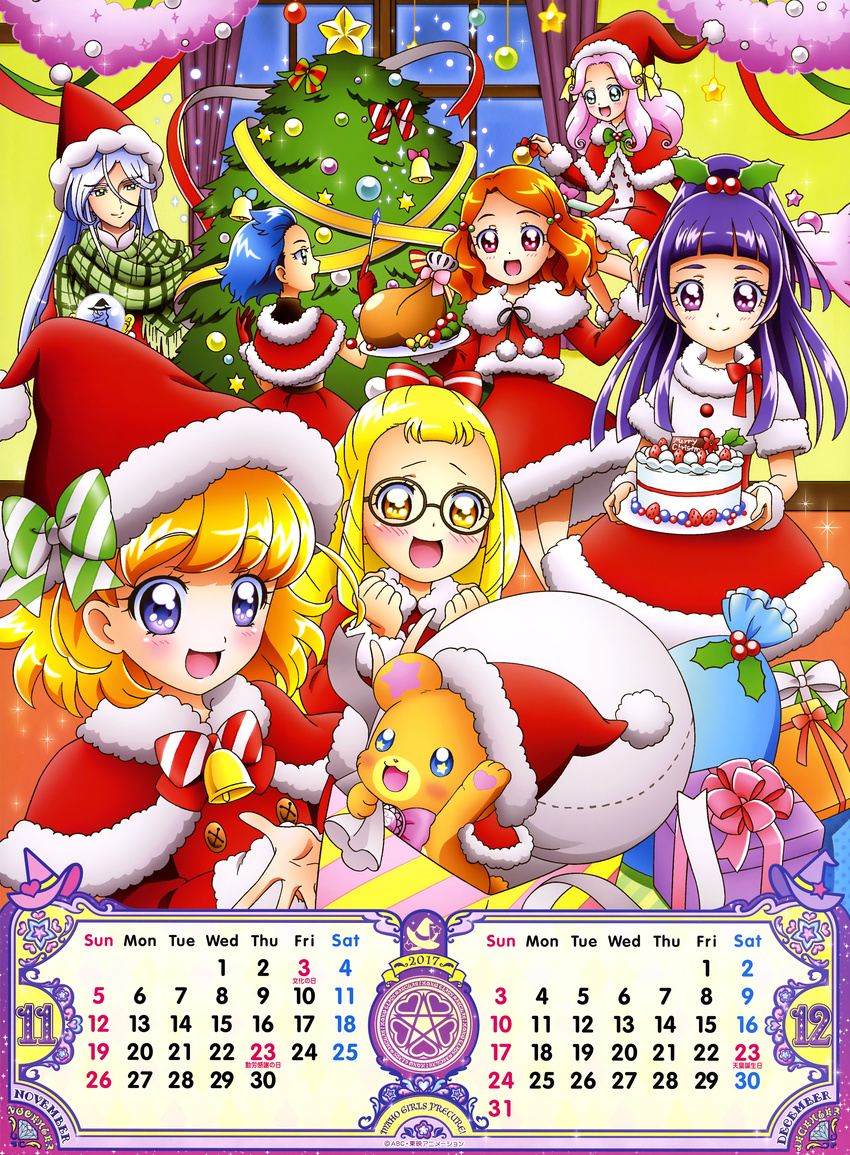 1boy 2017 6+girls :d absurdres artist_request asahina_mirai bear blonde_hair blue_hair bow brown_hair calendar_(medium) christmas christmas_tree december dress emily_(mahou_girls_precure!) gift glasses gloves grey_hair hairbow half_updo hanami_kotoha hat highres izayoi_liko jun_(mahou_girls_precure!) kei_(mahou_girls_precure!) kouchou_(mahou_girls_precure!) long_hair mahou_girls_precure! mofurun_(mahou_girls_precure!) multiple_girls november official_art open_mouth orange_eyes pink_hair precure purple_eyes purple_hair red_dress red_eyes red_gloves red_hat ringlets round_eyewear sack santa_costume santa_hat shawl short_hair smile star_(symbol) star_in_eye striped striped_bow symbol_in_eye