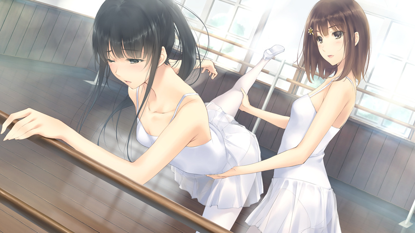 2girls ass assisted_stretching ballerina ballet_slippers barre black_hair blush brown_hair flower flowers_(innocent_grey) game_cg hair_flower hair_ornament indoors kousaka_mayuri leg_up leotard long_legs multiple_girls one_eye_closed open_mouth pantyhose ponytail shirahane_suou sugina_miki white_pantyhose