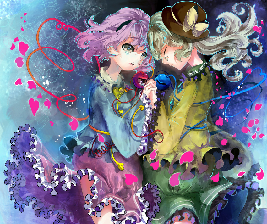 2girls commentary_request green_hair hairband hat heart heart_of_string highres hoshika_ranoe komeiji_koishi komeiji_satori multiple_girls purple_hair short_hair siblings sisters sun_hat third_eye touhou