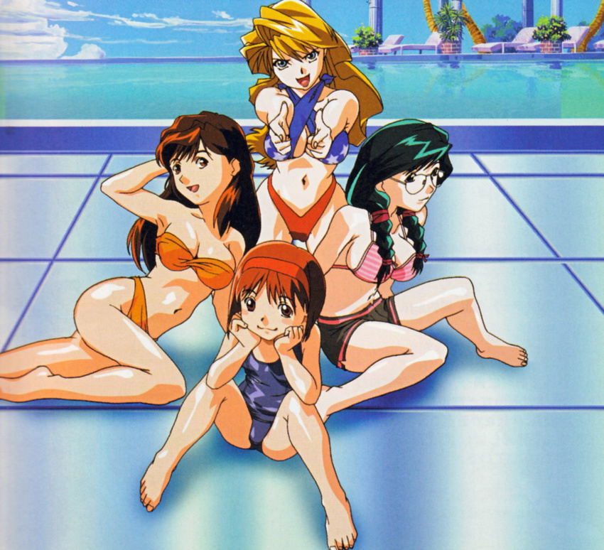 4girls arm_support bikini blonde_hair blue_eyes braid breasts brown_eyes brown_hair chair christine_garland flat_chest glasses green_hair hairband highres kayama_tamami kinomiya_yukari kneeling kurihara_mari large_breasts long_hair lounge_chair lying multiple_girls on_side one-piece_swimsuit pointing pool poolside red_hairband reflection school_swimsuit short_hair sitting super_real_mahjong swimsuit tanaka_ryou twin_braids water