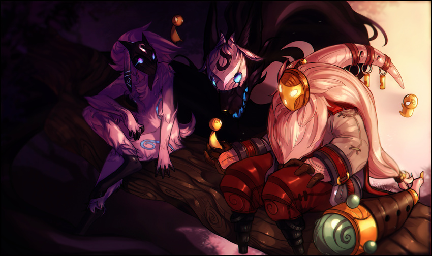 2015 absurd_res anthro bard_(lol) bovid canid canine canis caprine clothing detailed_background featureless_(disambiguation) female fireflufferz forest group hair hi_res horn humanoid kindred_(lol) lamb_(lol) league_of_legends long_hair male mammal meep_(lol) meeps outside plant riot_games sheep simple_background sitting spirit tencent tree white_hair wolf wolf_(lol)