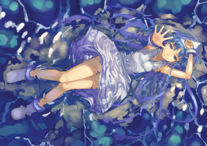 blue_eyes blue_hair bracelet commentary_request female foreshortening hands hat ikamusume jewelry legs long_hair mizore_akihiro photoshop_(medium) refraction shinryaku!_ikamusume solo tentacle tentacle_hair water