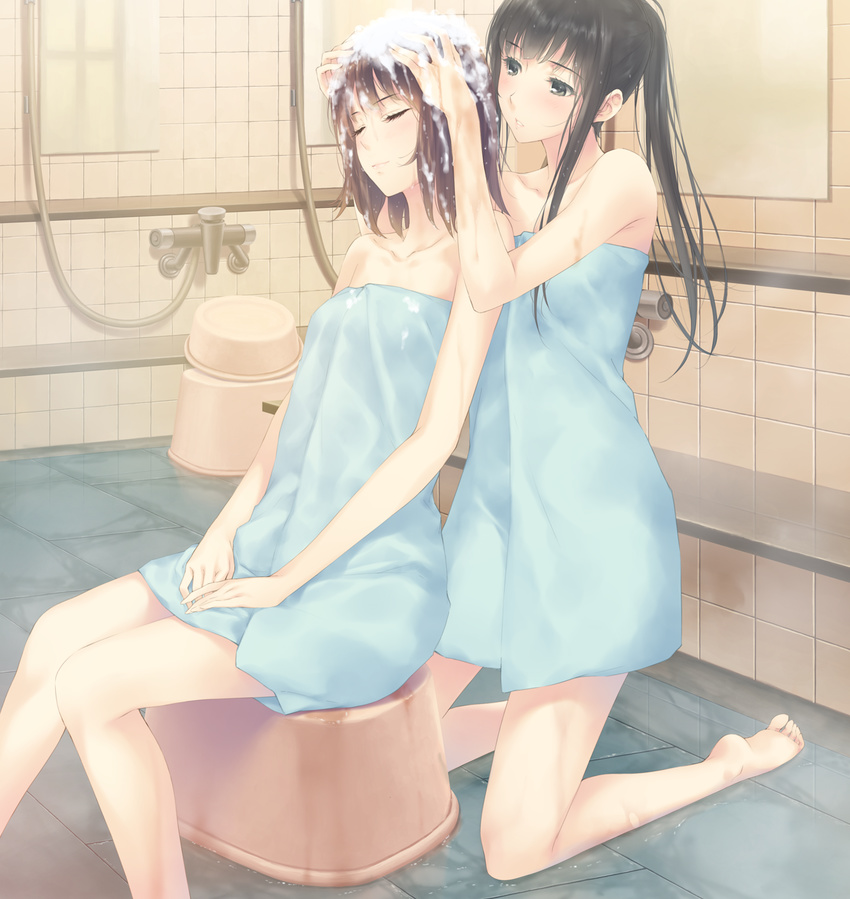 2girls barefoot bath_stool black_hair blush brown_hair closed_eyes flowers_(innocent_grey) game_cg hands_in_hair highres kneeling kousaka_mayuri long_legs multiple_girls naked_towel parted_lips ponytail same-sex_bathing shared_bathing shirahane_suou sitting soap_bubbles stool sugina_miki tile_wall tiles towel washing_hair wet wet_hair