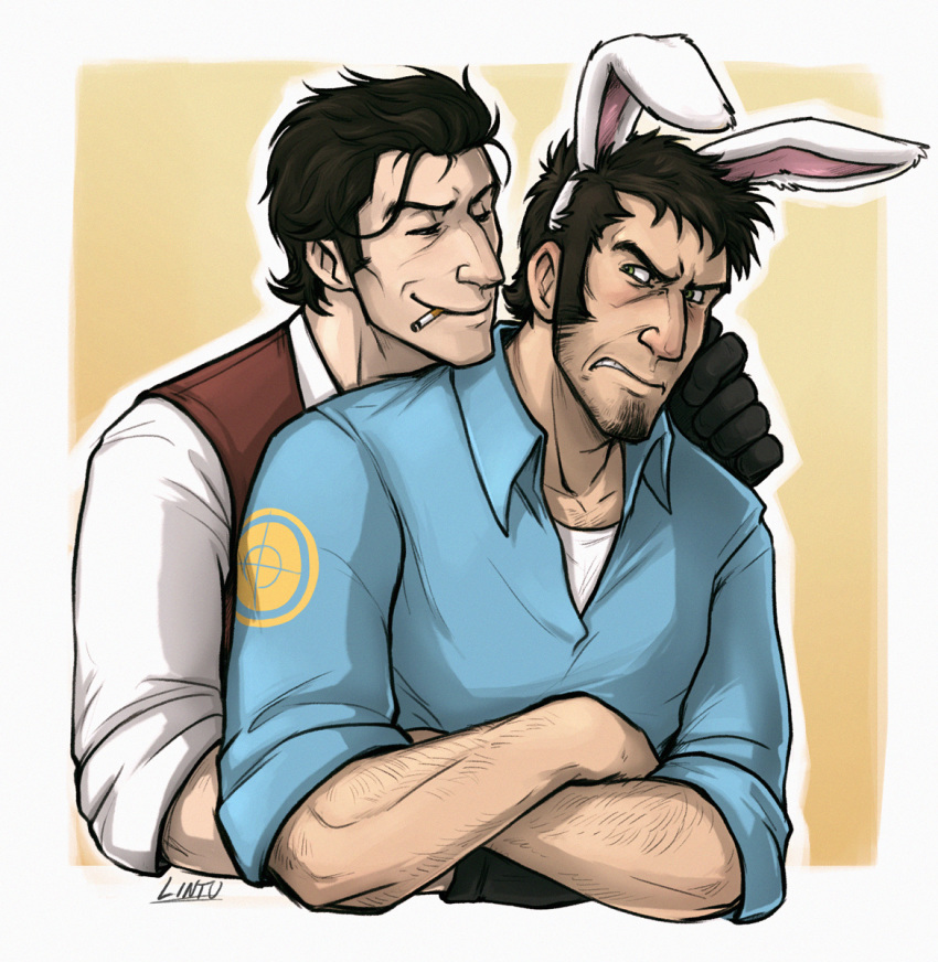 2boys artist_name black_hair brown_hair bunny_ears cigarette clothed crossed_arms facial_hair gay gloves green_eyes inviting_to_sex lintu lintufriikki looking_at_partner male male_only sniper sniper_(team_fortress_2) spy spy_(team_fortress_2) tagme team_fortress_2