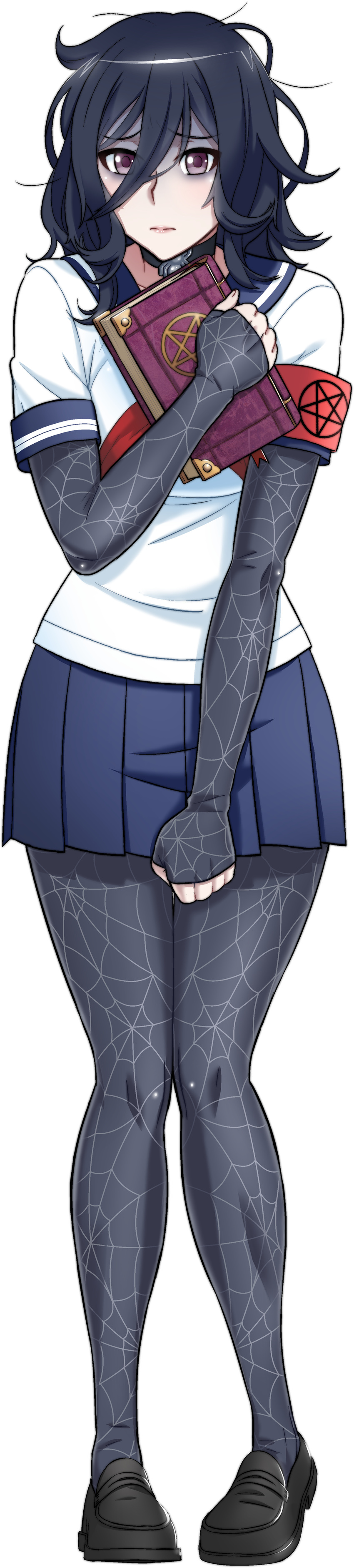 absurdres black_footwear black_hair blue_skirt blush book collar female full_body highres kjech messy_hair oka_ruto_(yandere_simulator) purple_eyes school_uniform shoes shy silk skirt solo spider_web spider_web_print tall_image transparent_background yandere_simulator