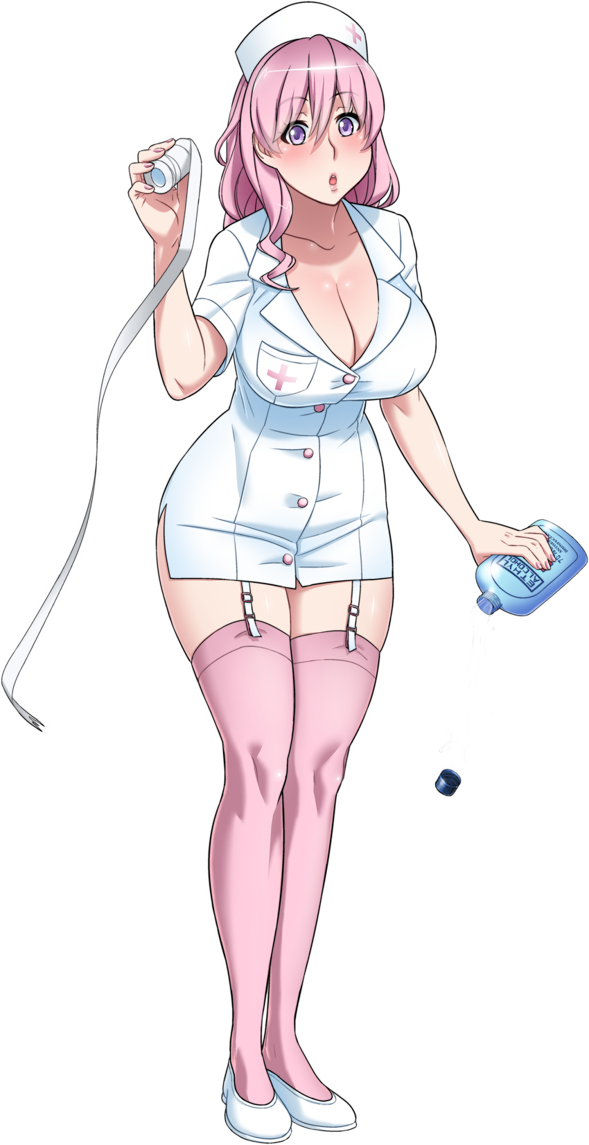 absurdres alcohol bandages blush breasts dress female full_body garter_straps hat highres kjech large_breasts muja_kina nurse nurse_cap official_art pink_hair pink_thighhighs purple_eyes short_dress solo thighhighs transparent transparent_background yandere_simulator