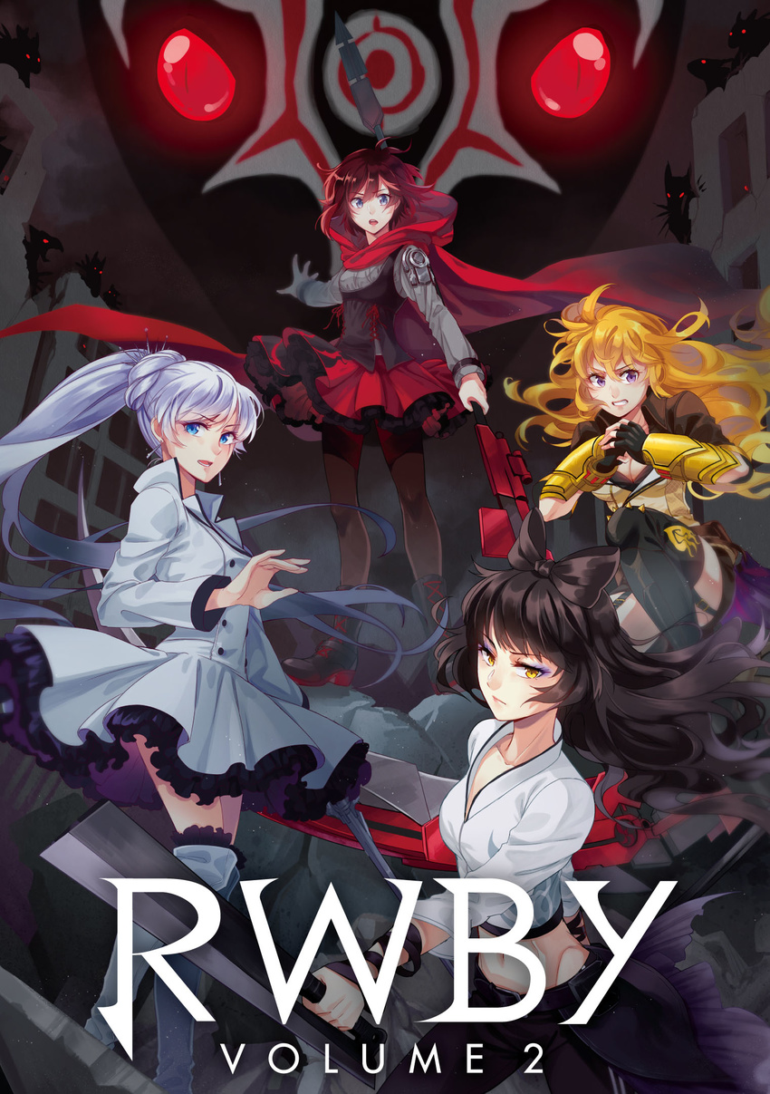 4girls alternate_costume beowolf blake_belladonna blue_eyes boots bow breasts cape cleavage cleaver clenched_teeth cloak copyright_name crescent_rose ember_celica_(rwby) english_text eyeshadow fingerless_gloves gloves glowing glowing_eyes grey_eyes grimm_(rwby) hairbow highres holding holding_sword holding_weapon hood hooded_cloak king_taijitu knee_boots left-handed long_hair lowah makeup medium_breasts midriff multiple_girls myrtenaster navel nevermore_(rwby) official_art pantyhose ponytail purple_eyes rapier red_cape red_eyes ruby_rose rwby scythe short_hair sword teeth vambraces weapon weiss_schnee yang_xiao_long yellow_eyes