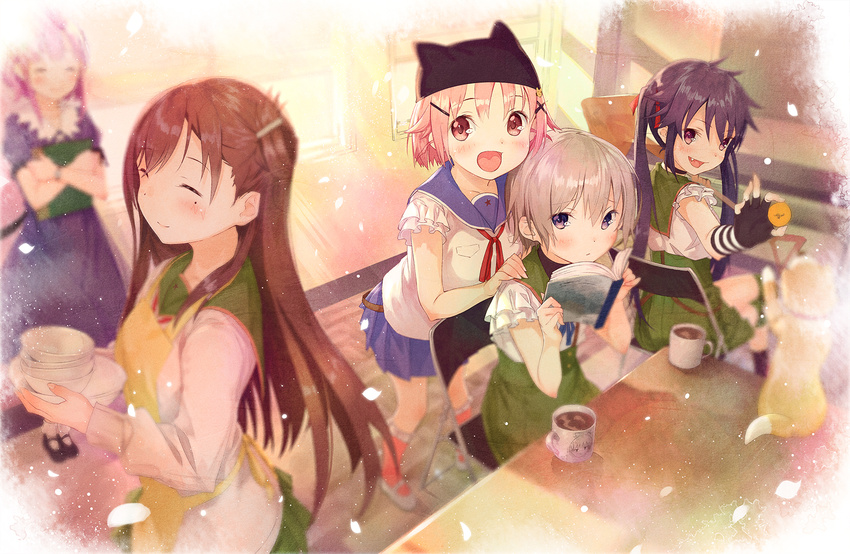 5girls :d animal_hat bad_id bad_pixiv_id brown_hair canine chair character_print closed_eyes commentary_request crossed_arms cup ebisuzawa_kurumi fingerless_gloves folded_hair folding_chair gakkou_gurashi! gloves grey_hair hair_ornament hairclip hand_on_another's_shoulder hat highres long_hair looking_at_viewer md5_mismatch megurigaoka_high_school_uniform mole mole_under_eye mug multiple_girls naoki_miki oerba_yun_fang open_mouth petals photoshop_(medium) pink_eyes pink_hair print_cup print_mug purple_eyes purple_hair sakura_megumi school_uniform short_hair shouin sitting smile takeya_yuki taroumaru_(gakkou_gurashi) wakasa_yuuri x_hair_ornament