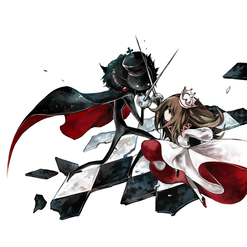 1boy alice_(deemo) cape clash crown deemo deemo_(character) duel female fencing friction_(deemo) fur_trim official_art rapier sword weapon