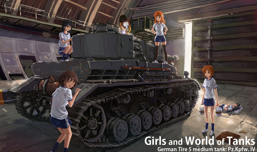 6+girls akiyama_yukari black_hair brown_hair bucket caterpillar_tracks closed_eyes commentary_request crossover girls_und_panzer gym_uniform hands_on_own_hips indoors isuzu_hana lying military military_vehicle motor_vehicle multiple_girls nishizumi_miho on_back orange_hair panzer_iv photoshop_(medium) reizei_mako rod_(wayfirecmo19) short_hair shorts sleeping squatting takebe_saori tank thighhighs welding_mask welding_torch world_of_tanks