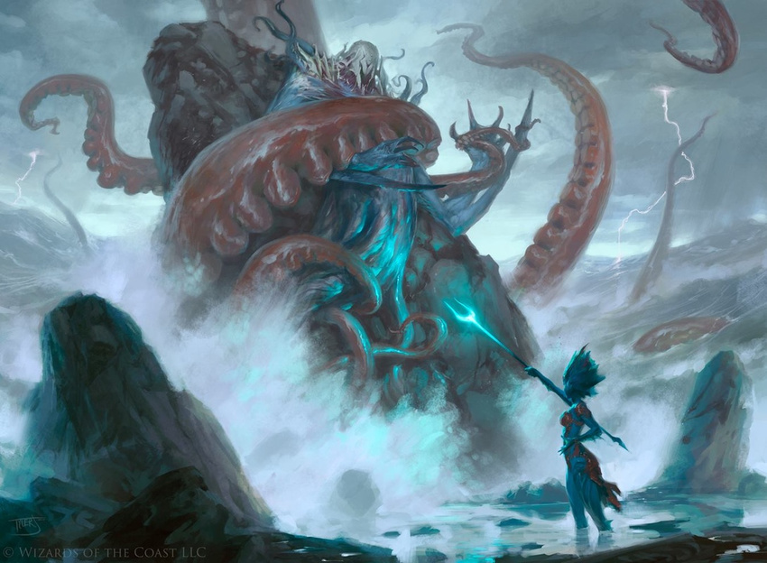 bident cloud duo eldrazi eldritch_abomination female glowing hasbro humanoid kiora magic magic:_the_gathering marine merfolk official_art outside overcast planeswalker sea sky split_form storm tentacle tyler_jacobson water weapon wizards_of_the_coast