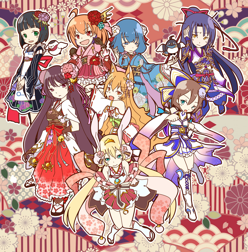 1boy 6+girls animal_ear_fluff animal_ears aqua_eyes bare_shoulders bird black_gloves blonde_hair blue_eyes blue_hair character_request commentary_request flower fox_ears fox_girl gloves green_eyes hair_flower hair_ornament highres japanese_clothes kasumi_(shironeko_project) kimono korin_(shironeko_project) lolitan long_hair looking_at_viewer miko multiple_girls oerba_yun_fang open_mouth orange_hair rabbit_ears red_eyes setsuna_(shironeko_project) shironeko_project shizuku_(shironeko_project) short_hair smile towa_(shironeko_project) tsukimi_(shironeko_project) yellow_eyes