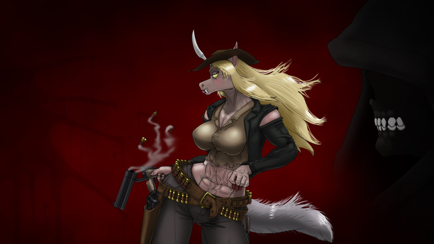 anthro being_watched belt belt_buckle blonde_hair bone breasts buckle canid canine duo fangs female gun hair hellslinger hi_res humanoid long_hair looking_at_another looking_away mammal metalinvader midriff ranged_weapon shotgun side_view skeleton smoke solo_focus tail teeth weapon