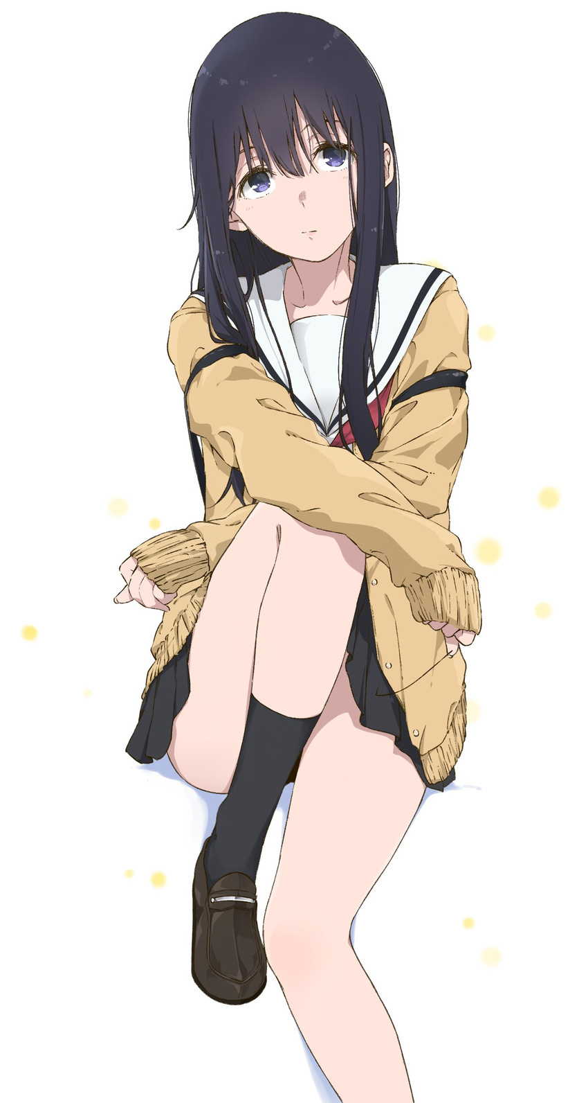 absurdres bad_id bad_twitter_id black_hair black_skirt black_socks brown_cardigan brown_footwear cardigan commentary_request convenient_leg female haine highres koe_no_katachi long_hair looking_at_viewer open_cardigan open_clothes purple_eyes school_uniform shoes simple_background sitting skirt socks solo ueno_naoka white_background