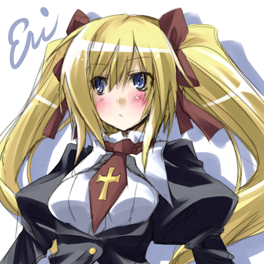 blonde_hair blue_eyes blush commentary_request copyright_request cross female hair_ribbon highres necktie photoshop_(medium) ribbon sabakutani_eri sakura_familia! solo twintails upper_body yuuki_eishi