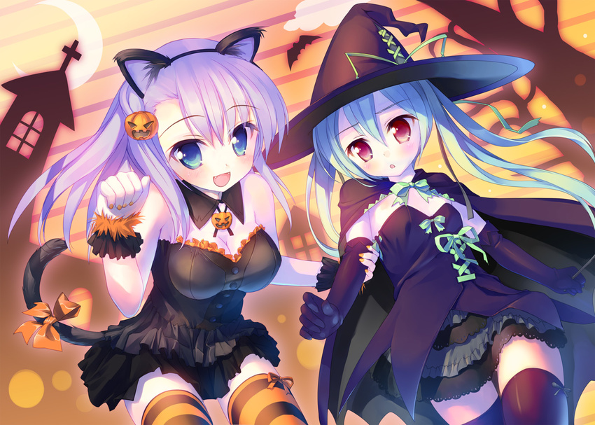 2girls :d :o aete_mushisuru_kimi_to_no_mirai animal_ears bare_shoulders bat_(animal) black_gloves black_legwear blue_eyes blue_hair blush breasts cape cat_ears cat_tail cleavage commentary_request detached_collar elbow_gloves fake_animal_ears fake_tail fangs gloves hair_ornament hat hat_ribbon highres holding_another's_arm jack-o'-lantern large_breasts long_hair looking_at_viewer manabe_kei medium_breasts multiple_girls nail_polish open_mouth orange_legwear paw_pose photoshop_(medium) purple_hair red_eyes ribbon sawatari_nanagi skirt smile striped_clothes striped_thighhighs tail tail_ornament tail_ribbon takoyaki_(roast) thighhighs twintails witch_hat wrist_cuffs