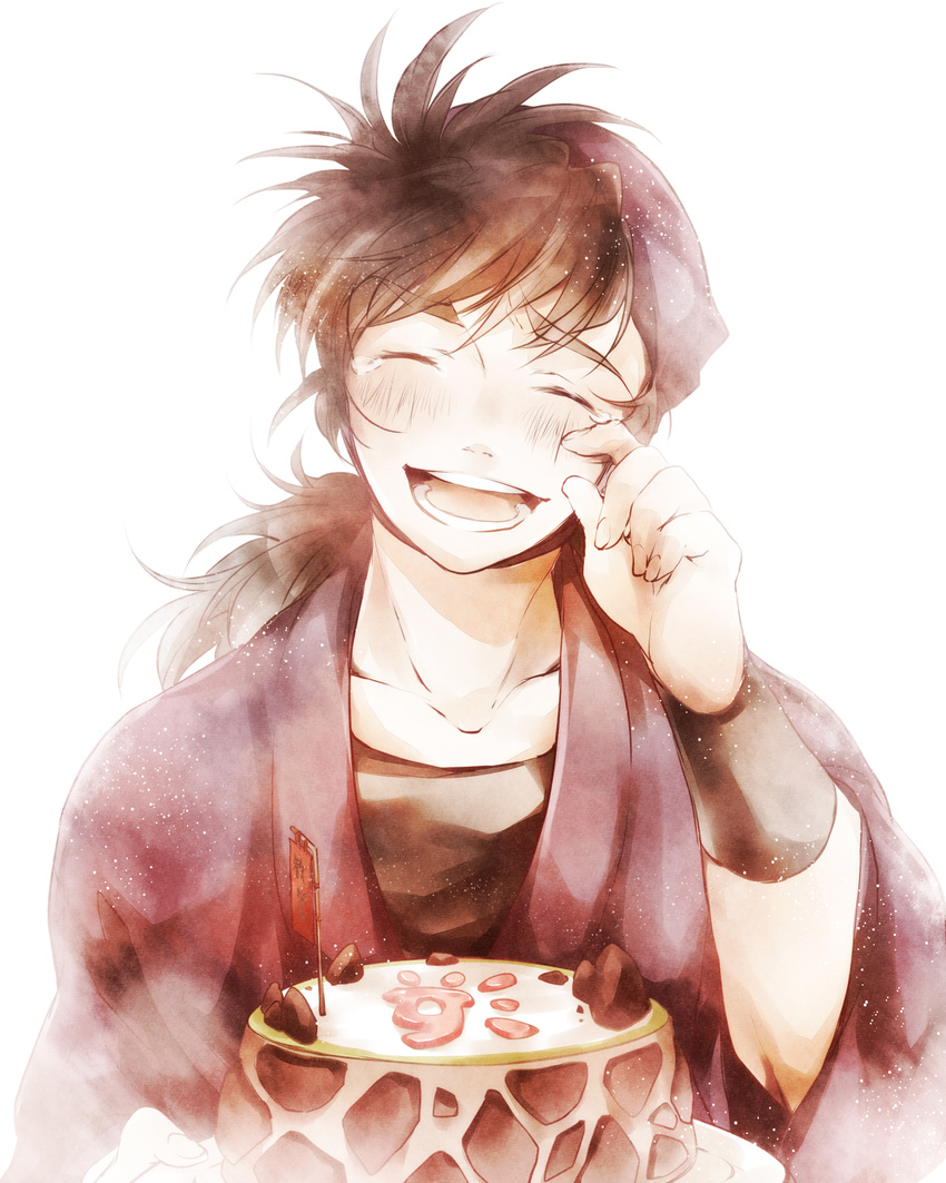 1boy absurdres brown_hair cake closed_eyes commentary_request dossei food hama_shuichirou happy highres long_hair male_focus photoshop_(medium) ponytail rakudai_ninja_rantarou smile solo tears