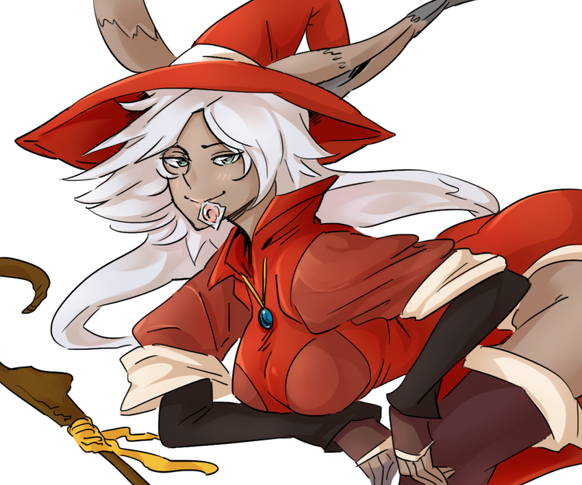 animal_ears bad_link bb_(baalbuddy) bent_over boots breasts condom condom_in_mouth dark-skinned_female dark_skin eldena female final_fantasy final_fantasy_tactics_advance green_eyes long_hair medium_breasts mouth_hold rabbit_ears red_mage_(final_fantasy) solo thigh_boots thighhighs viera wand white_hair