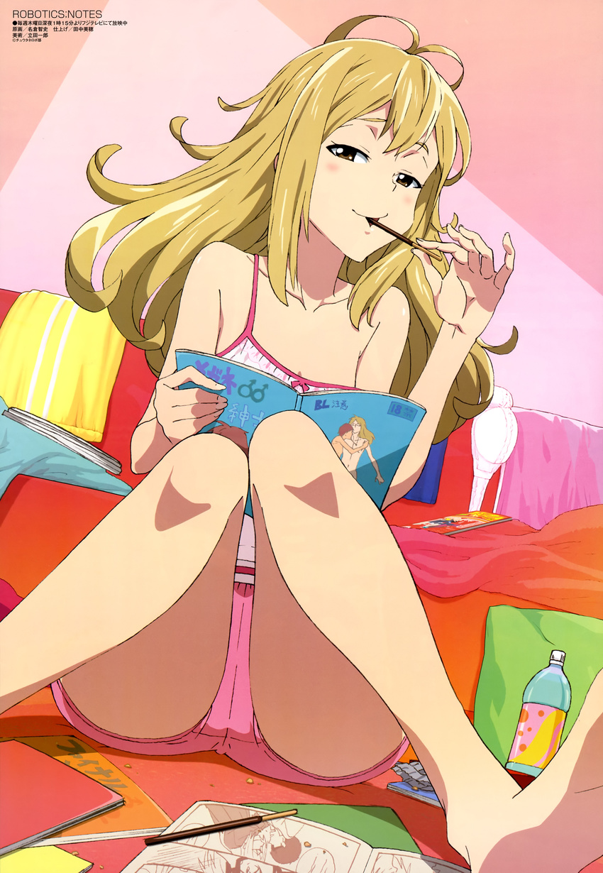 :> absurdres antenna_hair bare_shoulders barefoot blonde_hair blush bottle bra brown_eyes camisole couch crotch double_vertical_stripe drink dutch_angle eating feet female food fujoshi highres indoors knees_together_feet_apart koujiro_frau long_hair looking_at_viewer manga_(object) megami_magazine messy_room nagura_satoshi naughty_face non-web_source official_art on_floor open_mouth pillow pocky pornography reading robotics;notes scan shadow short_shorts shorts sidelocks sitting soles solo strap_slip underwear wavy_hair white_bra yaoi yaoi_(object)