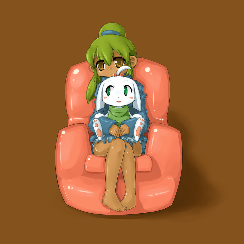 :< :3 bare_feet bare_legs barefoot brown_eyes cave_story chie cute dark_skin doukutsu_monogatari feet green_eyes green_hair highres mimiga ponytail sakamoto_sue scar simple_background sitting sitting_on_lap sitting_on_person spoiler spoilers