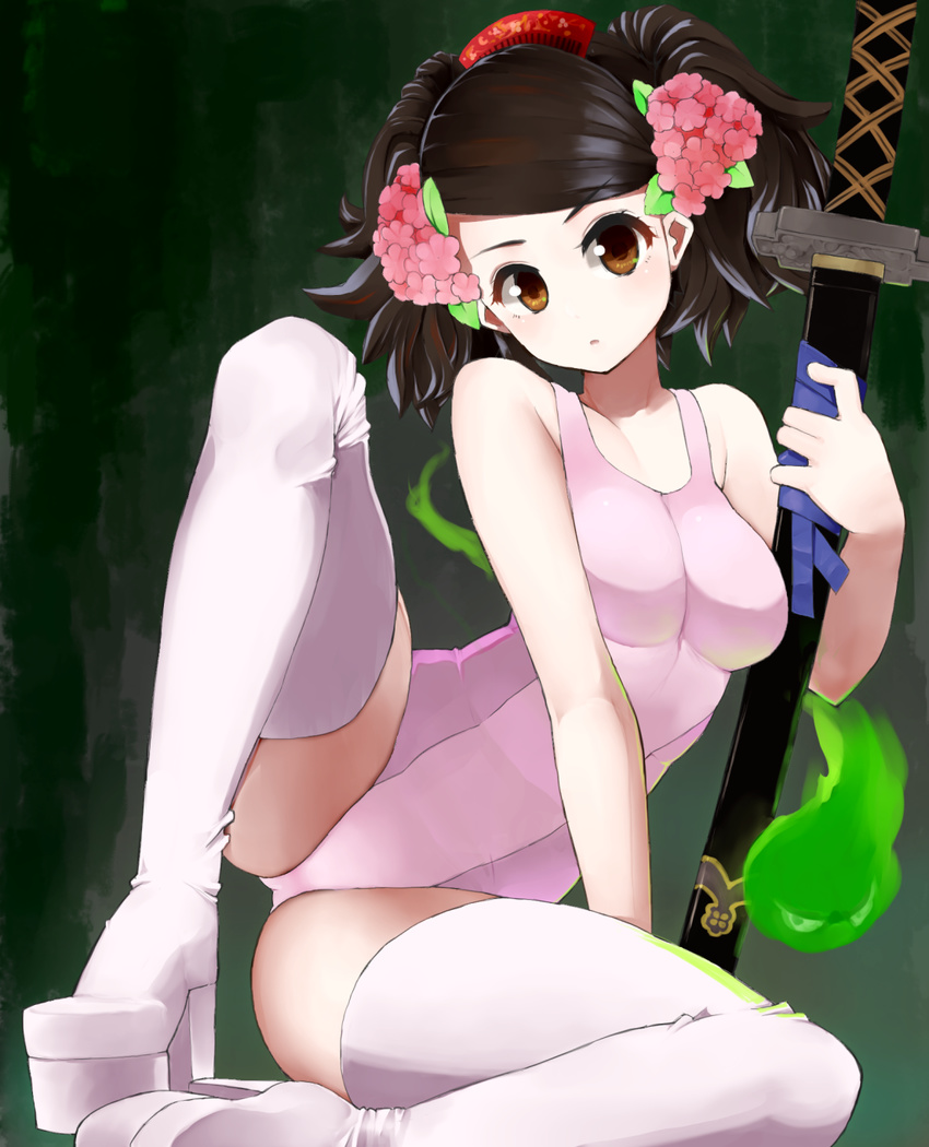 black_hair blush boots brown_eyes comb commentary_request female flower hair_flower hair_ornament highres hitodama izuna_jinkuro katana leotard momohime nijitama_shiyushiyu oboro_muramasa open_mouth platform_footwear sheath short_hair sitting solo spread_legs sword thigh_boots thighhighs weapon white_thighhighs