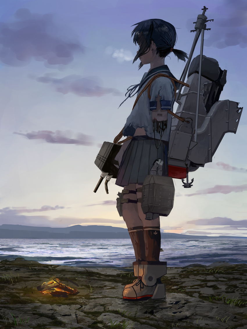 absurdres amputee anchor anchor_symbol bad_id bad_twitter_id black_hair bonfire boots cloud commentary damaged female from_side fubuki_(kancolle) full_body highres holding holding_weapon horizon kantai_collection kneehighs looking_to_the_side machinery mechanical_arms morning ocean outdoors pleated_skirt scenery school_uniform serafuku shirt short_hair short_ponytail short_sleeves sidelocks single_mechanical_arm skirt sky socks solo standing tomiya_(tomiya2117) torn_clothes torn_shirt turret twilight water weapon wind