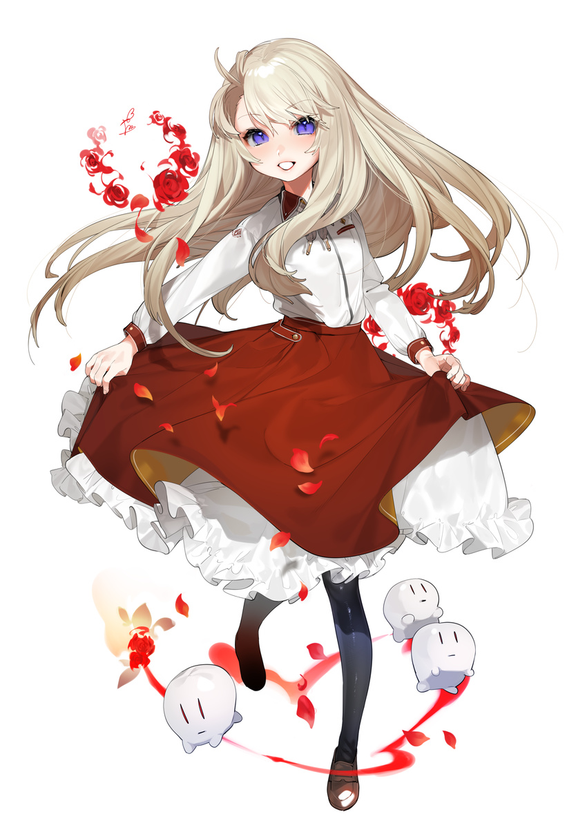 :d absurdres bad_id bad_pixiv_id black_pantyhose blue_eyes breast_pocket brown_footwear collared_shirt creature female flower frilled_skirt frills full_body grey_hair herme_(ohisashiburi) highres long_hair long_sleeves looking_at_viewer ohisashiburi open_mouth original pantyhose petals pocket red_flower red_rose red_skirt rose shirt shoes simple_background skirt skirt_hold slit_pupils smile solo standing white_background white_shirt