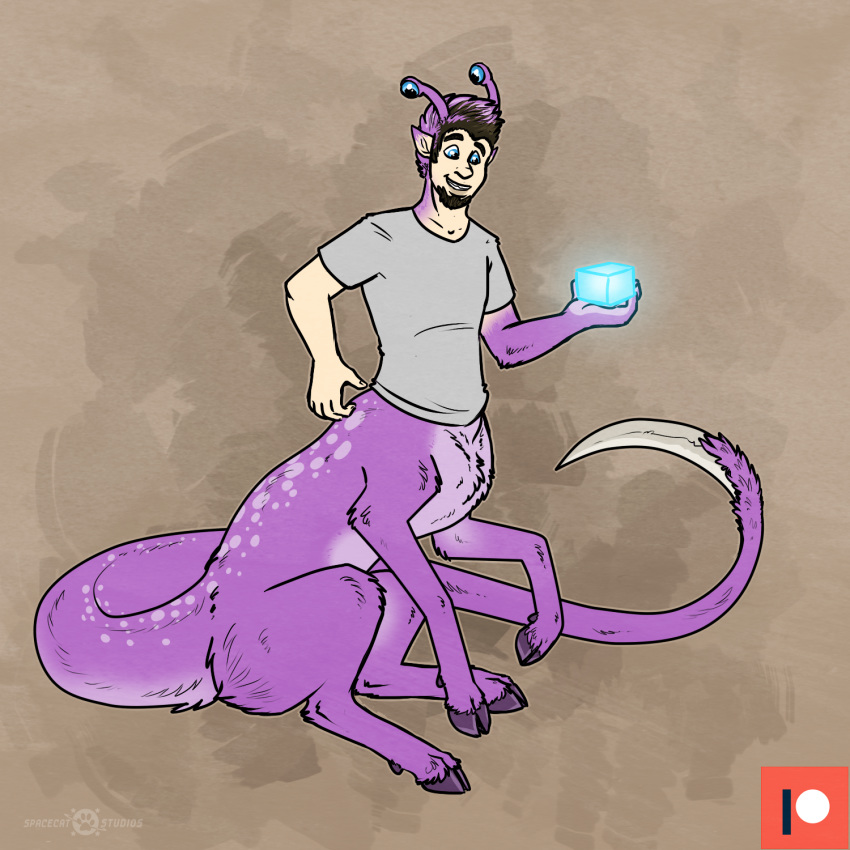 1:1 4_eyes alien andalite animorphs anthro blue_eyes bottomless clothed clothing escafil_device eyestalks fur hi_res hooves human humanoid_pointy_ears keetahspacecat male mammal markings mid_transformation multi_eye multifur purple_body purple_fur shirt simple_background sitting smile solo spiked_tail spikes spikes_(anatomy) spots spotted_body spotted_fur t-shirt tail taur thenomeking topwear transformation