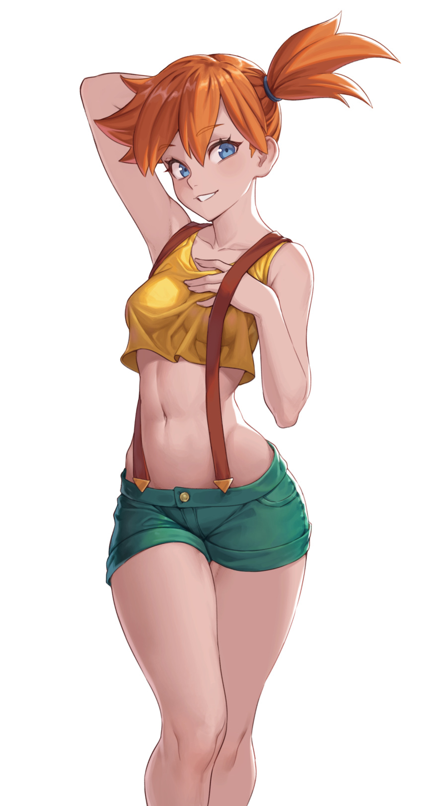 absurdres arm_behind_head arm_up blue_eyes breasts cheshirrr collarbone commentary crop_top eyelashes female green_shorts hair_between_eyes hair_tie highres kasumi_(pokemon) knees looking_at_viewer midriff navel no_bra orange_hair pokemon pokemon_(anime) pokemon_(classic_anime) short_hair shorts side_ponytail simple_background smile solo suspenders tank_top teeth white_background yellow_tank_top