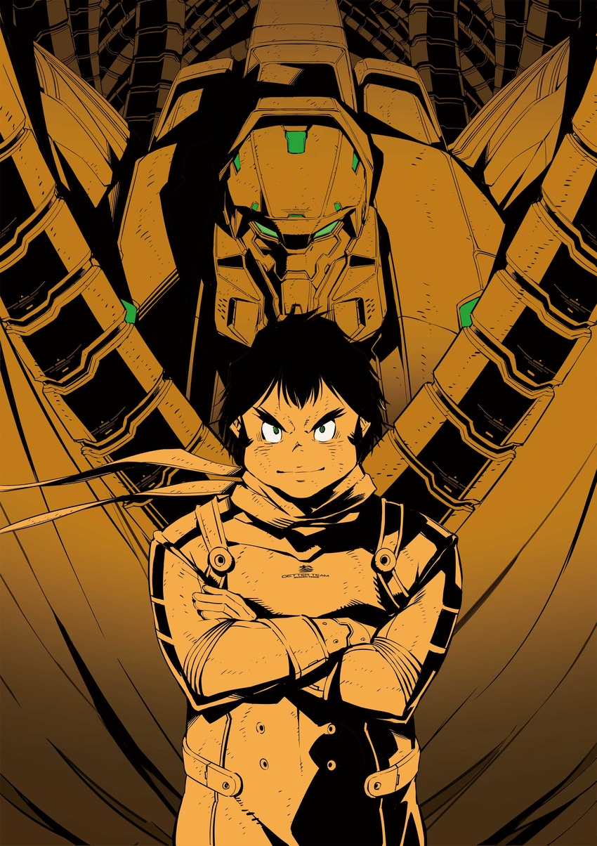 1boy absurdres black_eyes cover_image crossed_arms getter-3_(devolution) getter_robo getter_robo_devolution green_eyes highres looking_at_viewer male_focus mecha musashi_tomoe_(devolution) official_art pilot_suit robot scarf science_fiction shimizu_eiichi shimoguchi_tomohiro smile super_robot textless_version v-shaped_eyebrows yellow_theme