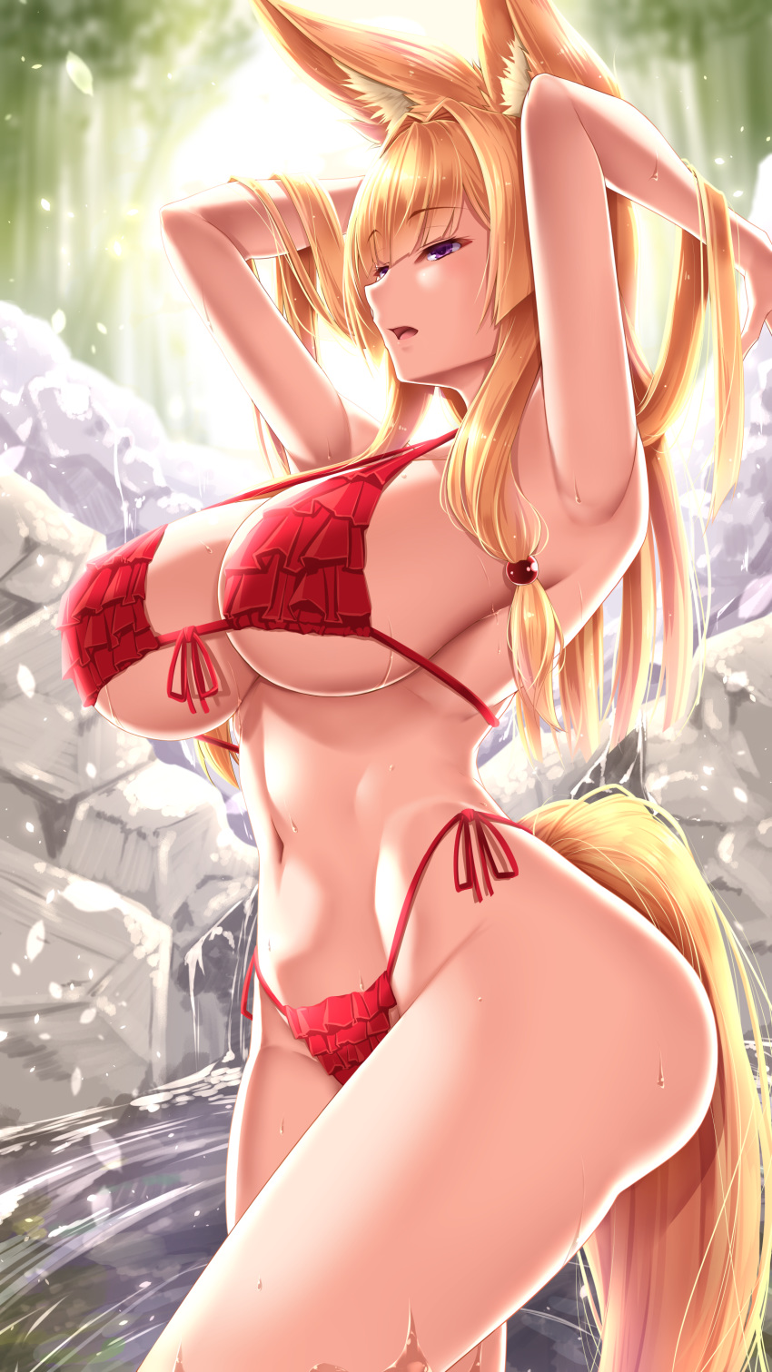 :o absurdres akitsuki_karasu animal_ear_fluff animal_ears armpits arms_behind_head arms_up bad_anatomy bamboo bamboo_forest bare_shoulders bath bathing bikini blonde_hair blurry blurry_background breasts cleavage collarbone commentary_request contrapposto covered_nipples cowboy_shot day fanbox_reward female forest fox_ears frilled_bikini frills from_side front-tie_bikini_top front-tie_top groin hair_between_eyes hair_bobbles hair_intakes hair_ornament half-closed_eyes halterneck highleg highleg_bikini highres huge_breasts kitsune_onee-san_(shuugetsu_karasu) large_breasts long_hair looking_at_viewer nature navel onsen open_mouth original outdoors paid_reward purple_eyes red_bikini rock side-tie_bikini_bottom sidelocks solo standing steam stomach swimsuit thighs underboob very_long_hair wading water wet white_bikini