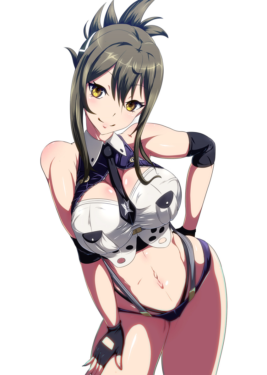 between_breasts black_necktie breasts brown_hair danpu female fingerless_gloves gloves hand_on_own_ass hand_on_own_thigh highres kisaragi_chitose large_breasts midriff necktie necktie_between_breasts photoshop_(medium) super_robot_wars super_robot_wars_v tied_hair yellow_eyes