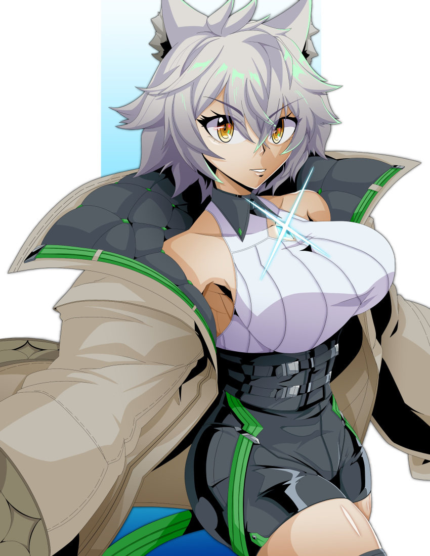 absurdres andoryuanzuru animal_ears breasts cat_ears cat_girl chest_jewel clothing_cutout core_crystal_(xenoblade) crystal diamond_cutout female fingerless_gloves gloves high-waist_shorts highres jacket large_breasts looking_at_viewer messy_hair na'el_(xenoblade) open_clothes open_jacket romper short_hair short_shorts shorts simple_background solo thighhighs thighs xenoblade_chronicles_(series) xenoblade_chronicles_3 xenoblade_chronicles_3:_future_redeemed yellow_eyes