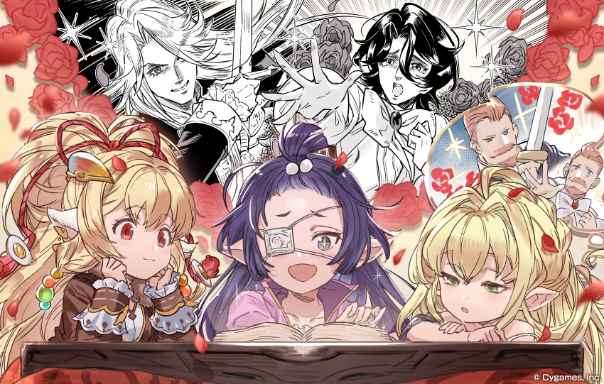 +_+ 3girls absurdres artist_request bare_shoulders beard blonde_hair book brooch brown_eyes brown_hair eyepatch facial_hair flower granblue_fantasy green_eyes grey_eyes hair_bobbles hair_intakes hair_ornament hair_over_one_eye hair_ribbon hair_up hairclip harvin head_rest highres imagining jewelry kotatsu long_hair lopop_(granblue_fantasy) lunalu_(granblue_fantasy) mahira_(granblue_fantasy) melissabelle moustache multiple_girls official_art open_mouth pointy_ears popol_(granblue_fantasy) promotional_art purple_hair reading red_eyes ribbon rose smile sparkle strap_slip sword table tears upper_body weapon wrist_cuffs