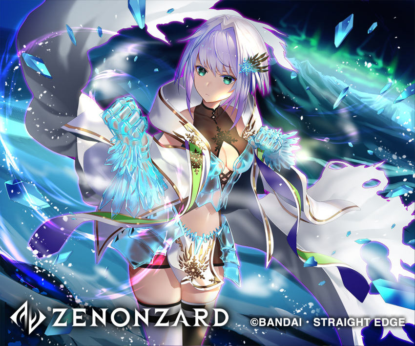 aqua_eyes black_legwear breasts cleavage company_name copyright_name female gauntlets hair_ornament long_hair looking_at_viewer midriff miyano_akihiro official_art purple_hair short_shorts shorts snowflake_hair_ornament solo standing watermark white_legwear zenonzard