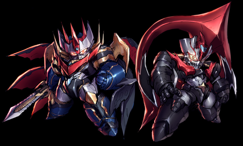 banchengping@126 black_background chibi clenched_hand crazy_eyes holding holding_sword holding_weapon looking_at_viewer mazinemperor_g mazinger_(series) mazinger_zero_(mecha) mecha no_humans open_hand robot shin_mazinger_zero super_robot_wars super_robot_wars_v sword weapon yellow_eyes