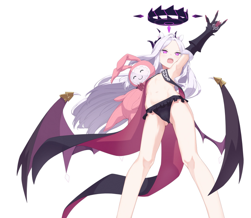 absurdres armpits ass_visible_through_thighs bare_legs bikini black_bikini black_gloves blue_archive cosplay demon_wings fangs female flat_chest gloves grey_hair halo highres hina_(blue_archive) legs_apart long_hair open_mouth perspective purple_eyes revealing_clothes ribbonsnek sekai_seifuku:_bouryaku_no_zvezda simple_background solo standing stomach stuffed_animal stuffed_rabbit stuffed_toy swimsuit transparent_background venera-sama venera-sama_(cosplay) very_long_hair wings