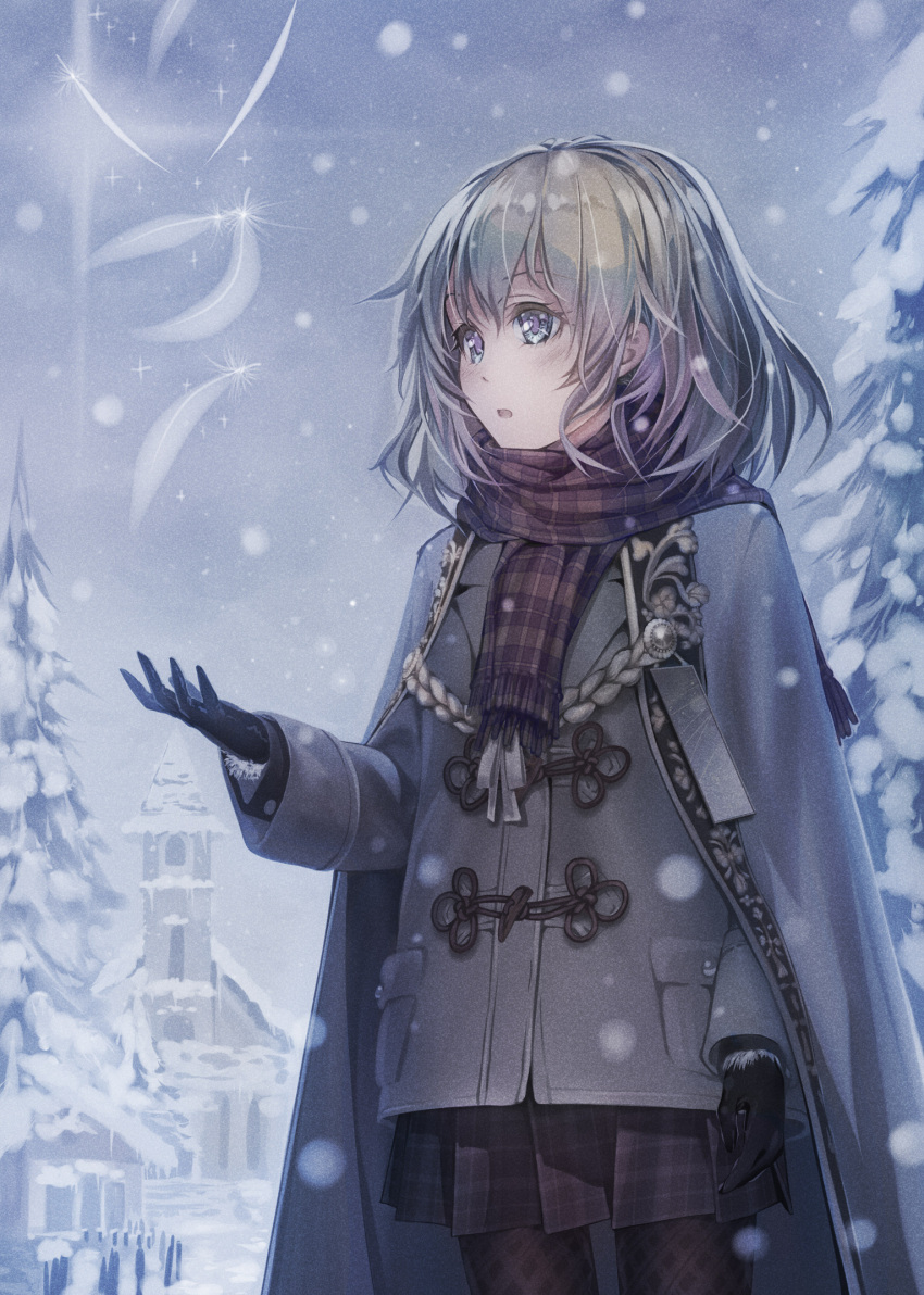 black_gloves black_pantyhose black_skirt blue_eyes cape church coat female gloves grey_cape grey_coat grey_hair hair_between_eyes harusame_yuuki highres medium_hair miniskirt open_mouth original outdoors pantyhose plaid plaid_skirt pleated_skirt skirt snowing solo thigh_gap winter