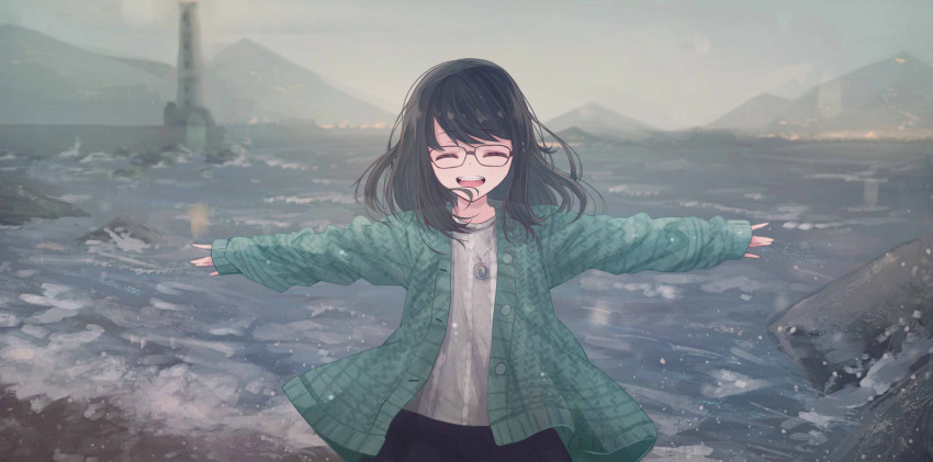 black-framed_eyewear black_hair braces closed_eyes cloud cloudy_sky daikazoku63 facing_viewer female glasses highres jewelry lighthouse long_hair long_sleeves necklace original outdoors outstretched_arms photoshop_(medium) sky sleeves_past_wrists solo swept_bangs