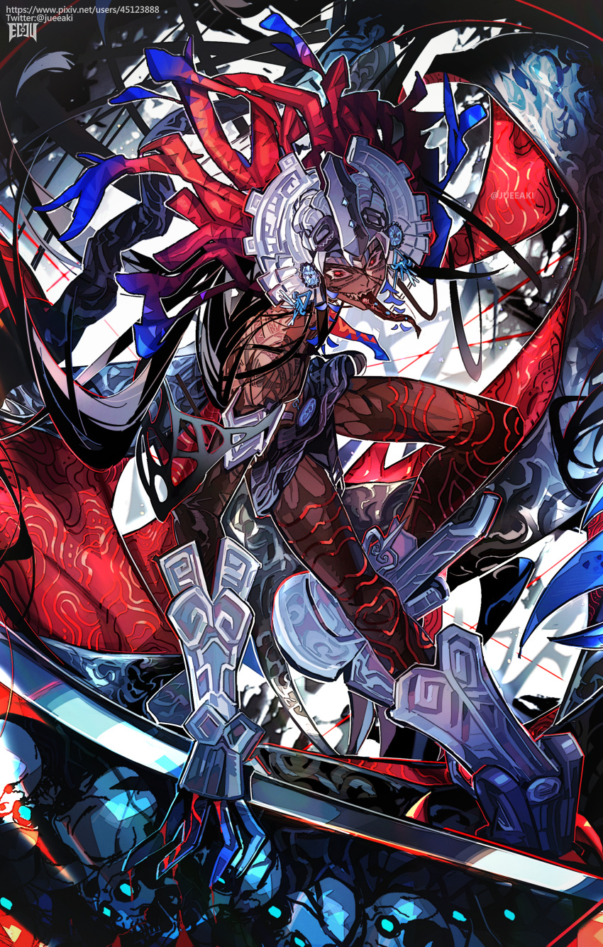 1boy absurdres bat_wings black_hair black_skin camazotz_(fate) chest_tattoo colored_skin crazy_eyes dark-skinned_male dark_skin eeju evil_smile fate/grand_order fate_(series) full_body headdress highres holding holding_weapon loincloth long_hair long_tongue looking_at_viewer male_focus piercing red_eyes sharp_teeth signature smile solo tattoo teeth tongue tongue_out tongue_piercing topless_male twitter_username weapon web_address wings