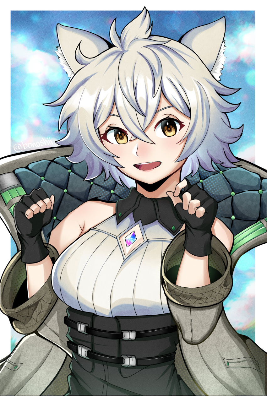 absurdres animal_ears bonoshii breasts cat_ears cat_girl chest_jewel clothing_cutout core_crystal_(xenoblade) crystal diamond_cutout female fingerless_gloves gloves highres looking_at_viewer medium_breasts messy_hair na'el_(xenoblade) romper short_hair solo thighs xenoblade_chronicles_(series) xenoblade_chronicles_3 xenoblade_chronicles_3:_future_redeemed yellow_eyes