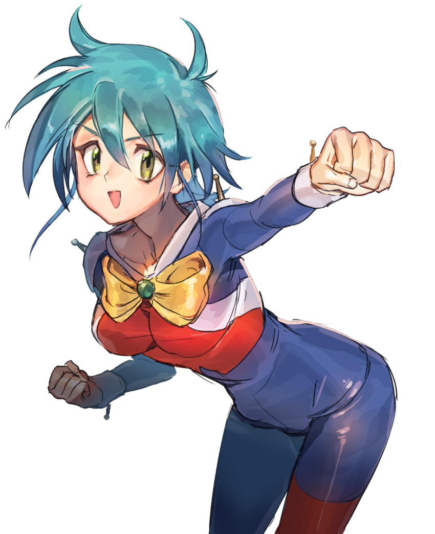 :d allenby_beardsley blue_bodysuit blue_hair bodysuit bow breasts clenched_hands female g_gundam green_eyes gundam highres impossible_bodysuit impossible_clothes leaning_forward looking_at_viewer medium_breasts mobile_trace_suit multicolored_bodysuit multicolored_clothes open_mouth red_bodysuit short_hair skin_tight smile solo tanakalma white_background yellow_bow