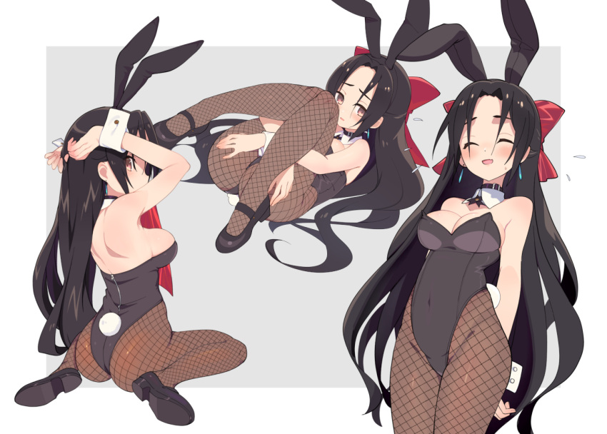 animal_ears black_hair black_leotard bow breasts brown_eyes brown_legwear cx4_storm_(girls'_frontline) female fishnet_pantyhose fishnets garter_straps girls'_frontline hairbow leotard long_hair md5_mismatch medium_breasts multiple_views naoya_come panties pantyhose playboy_bunny rabbit_ears source_mismatch strapless strapless_leotard underwear very_long_hair