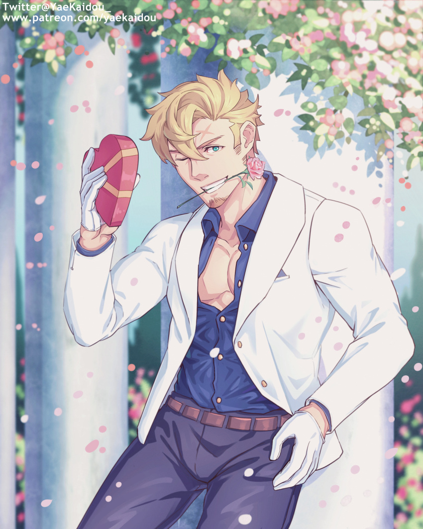 1boy absurdres alternate_costume bara blonde_hair box cross_scar curran_(dragalia_lost) dragalia_lost feet_out_of_frame flower_in_mouth formal gift gift_box hair_between_eyes heart-shaped_box highres long_sideburns looking_at_viewer male_focus mature_male mouth_hold pectoral_cleavage pectorals petals scar scar_on_face scar_on_forehead short_hair sideburns smile solo suit toned toned_male white_day white_suit yaekaidou