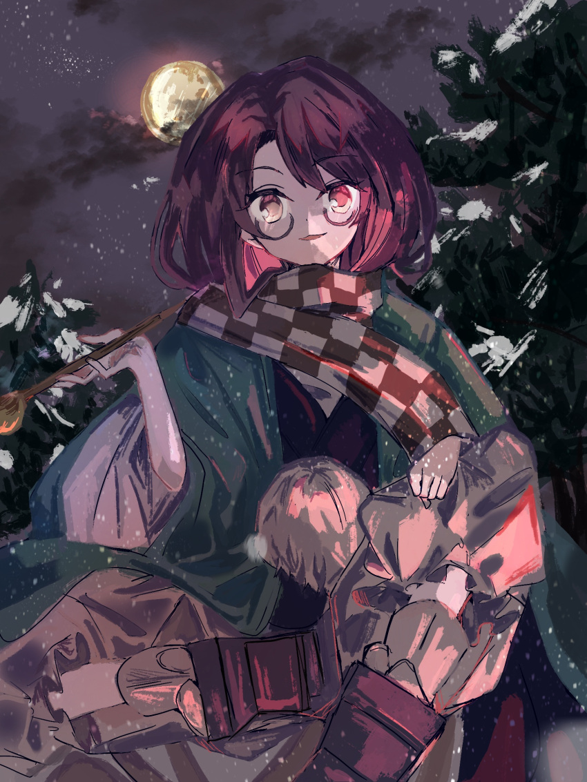 baggy_pants brown_pants checkered_clothes checkered_scarf cloud commentary dark_clouds female forest full_moon futatsuiwa_mamizou futatsuiwa_mamizou_(human) glasses green_kimono hand_on_own_knee highres holding holding_smoking_pipe japanese_clothes kimono looking_at_viewer medium_hair moon nature open_mouth outdoors pants pom_pom_(clothes) purple-framed_eyewear purple_footwear purple_hair scarf sitting smile smoking_pipe snowing solo sutaku77224 touhou tree wide_sleeves