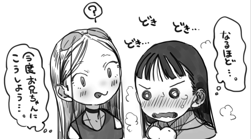 2girls ? @_@ blush bright_pupils chibi commentary embarrassed eyewear_on_head greyscale haguhagu_(rinjuu_circus) head_tilt highres long_hair monochrome multiple_girls nose_blush open_mouth original parted_bangs sakuramoto_konoha sasha_(haguhagu) spoken_question_mark sunglasses translated white_pupils wide-eyed