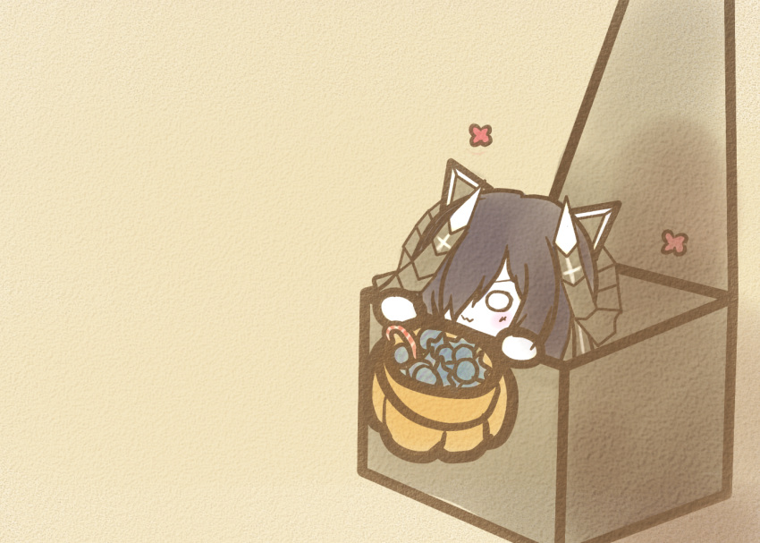 :3 august_von_parseval_(azur_lane) azur_lane black_hair box candy candy_cane chibi curled_horns female food hair_over_one_eye halloween halloween_bucket horns in_box in_container koti long_hair mechanical_horns solo