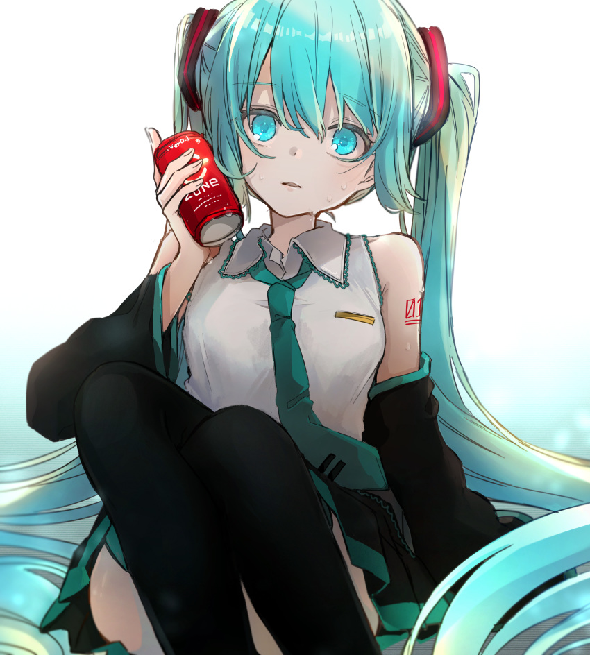 absurdres aqua_eyes aqua_hair aqua_necktie arm_support bare_shoulders black_skirt black_sleeves black_thighhighs blurry bokeh can commentary depth_of_field detached_sleeves drink female hair_ornament hand_up hatsune_miku highres holding holding_can knees_up long_hair miniskirt necktie parted_lips pleated_skirt sayonaka_megumo shirt shoulder_tattoo sitting skirt sleeveless sleeveless_shirt sleeves_past_fingers sleeves_past_wrists solo sweat tattoo thighhighs twintails very_long_hair vocaloid white_background white_shirt zone_(energy_drink)