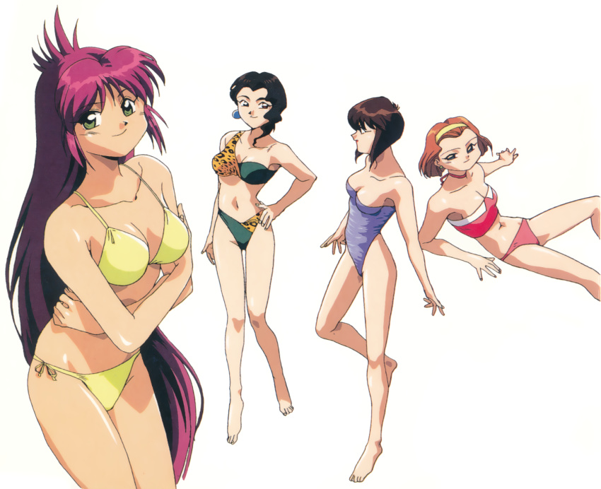 1990s_(style) 4girls animal_print arisa_(all_purpose_cultural_cat_girl_nuku_nuku) bannou_bunka_nekomusume barefoot bikini black_hair breasts brown_hair cleavage crossed_arms earrings feet_out_of_frame green_eyes hand_on_own_hip jewelry kyouko_(all_purpose_cultural_cat_girl_nuku_nuku) leopard_print long_hair looking_at_viewer multiple_girls natsume_akiko natsume_atsuko navel neck_ribbon non-web_source official_art one-piece_swimsuit orange_hair pink_hair retro_artstyle ribbon short_hair side-tie_bikini_bottom simple_background smile strapless strapless_bikini string_bikini swimsuit very_long_hair white_background yellow_bikini