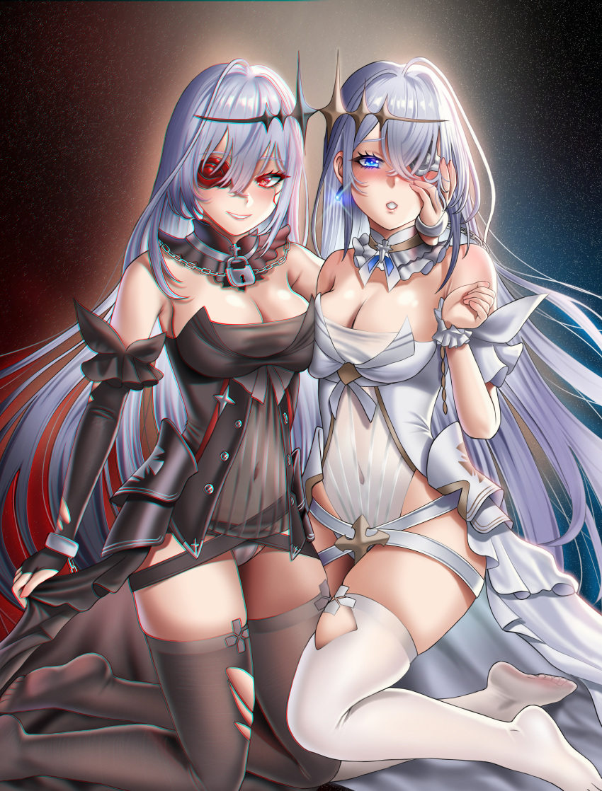 2girls absurdres arm_behind_back arm_up azur_lane bad_id bad_pixiv_id black_dress black_gloves black_legwear blue_eyes blush breasts buko_(bukosuki) cleavage clothes_lift covered_navel dress dress_lift dual_persona earrings elbow_gloves emden_(azur_lane) eyepatch fingerless_gloves flower full_body gloves grey_hair hair_between_eyes hair_ornament hair_over_one_eye highres jewelry kneeling lock long_hair looking_at_viewer medium_breasts multiple_girls necklace no_shoes open_mouth panties parted_lips red_eyes red_flower red_rose rose smile smirk soles starry_background thighhighs thighs underwear white_dress white_flower white_panties white_rose white_thighhighs